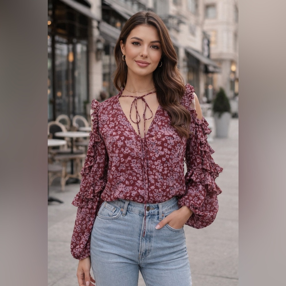 NWT Magda Butrym Floral Silk Ruffle Cold-Shoulder Blouse Burgundy Pink Size L
